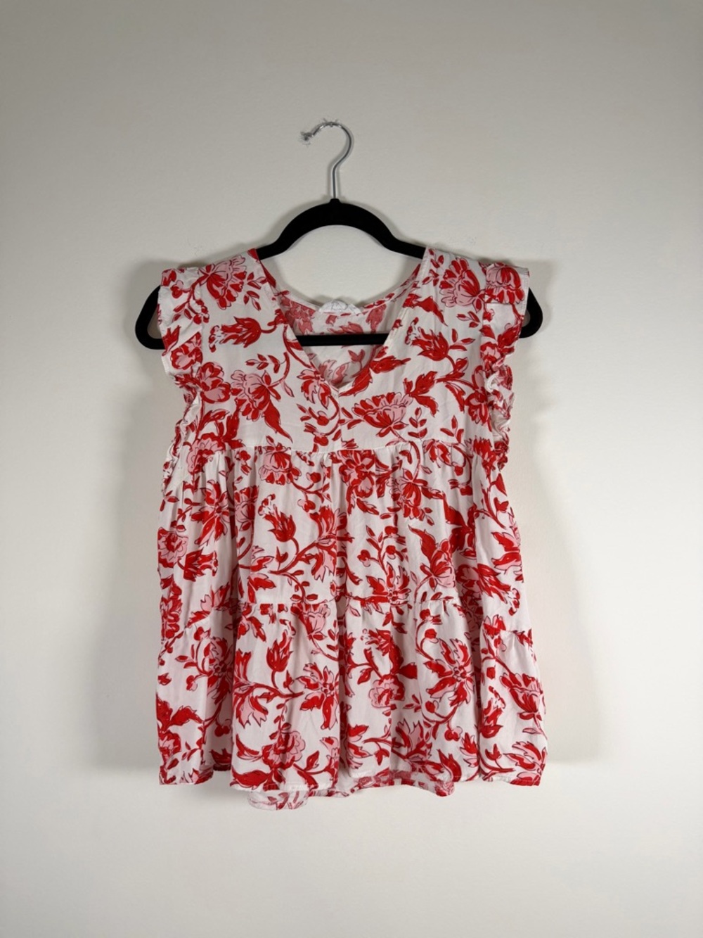 White and Red Floral Ruffle Sleeve Women’s Top